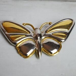LC Signed 2 Tones Butterfly Brooch Gold & Silver Tone Shiny Metal Eccentric